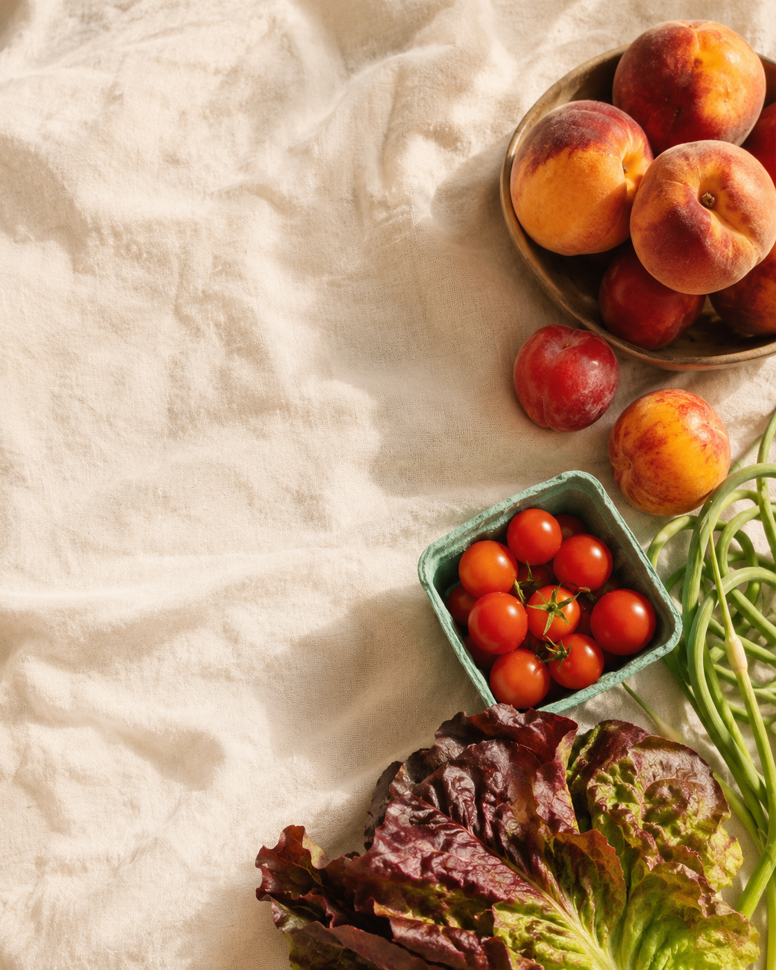 Fresh produce on a linen cloth